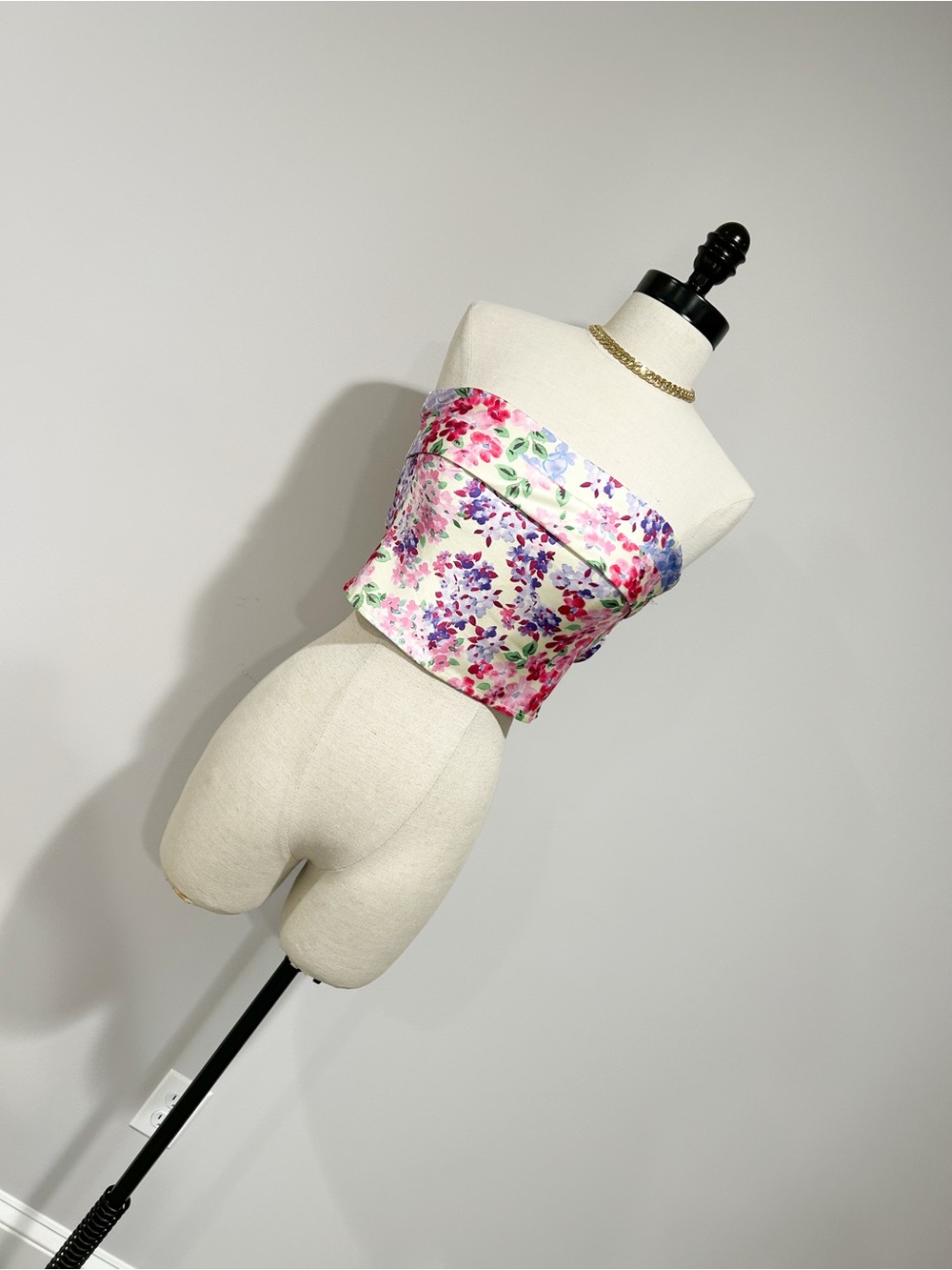 Beginning Boutique Floral Satin Strapless Crop Top in Pink, Purple, Blue